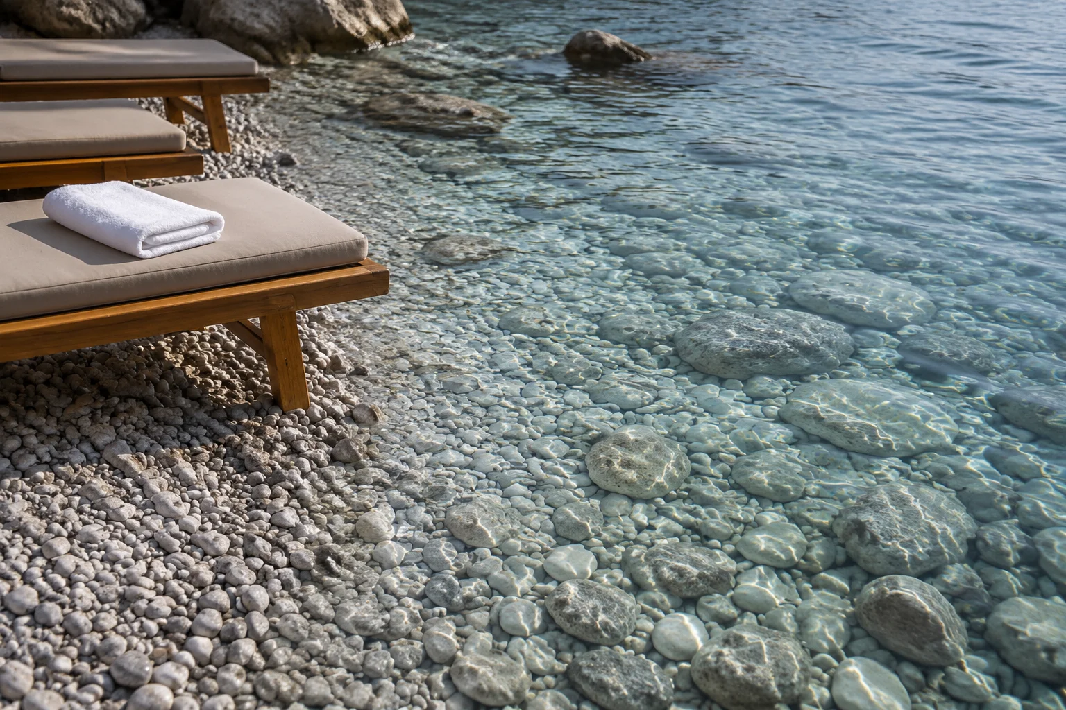 Wooden sun loungers and turquoise sea at Paloma Beach on Cap Ferrat